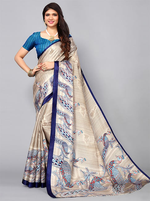 Satrani Beige Printed Saree With Unstitched Blouse Price in India