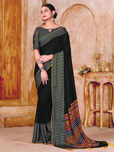 Satrani Black Printed Saree With Unstitched Blouse Price in India