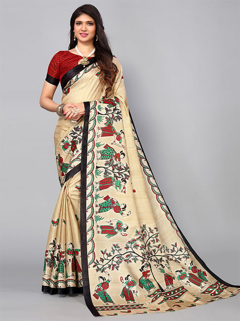 Satrani Beige Printed Saree With Unstitched Blouse Price in India