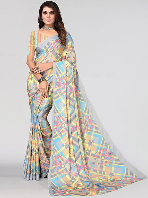 Satrani Multicolored Geometric Pattern Saree With Unstitched Blouse Price in India