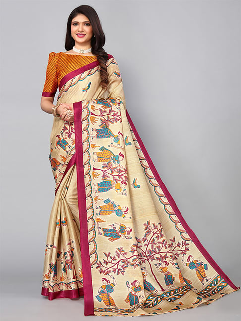 Satrani Beige Printed Saree With Unstitched Blouse Price in India