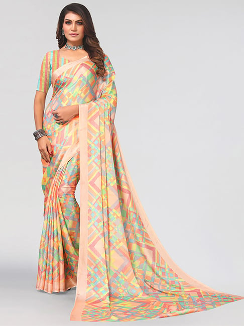 Satrani Multicolored Geometric Pattern Saree With Unstitched Blouse Price in India