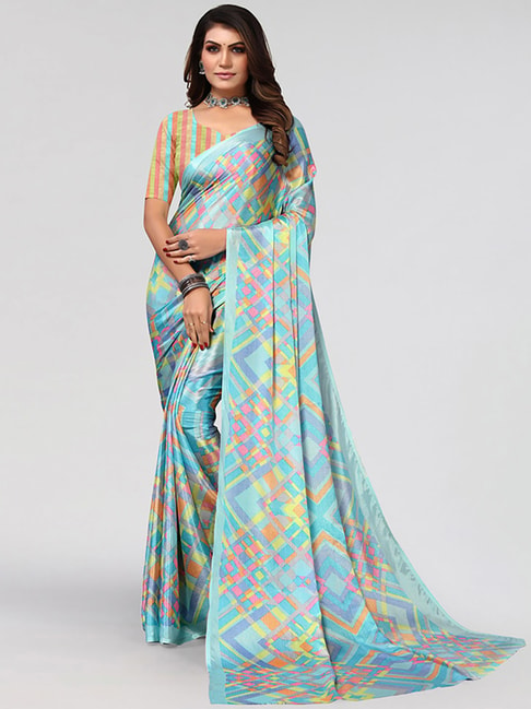 Satrani Multicolored Geometric Pattern Saree With Unstitched Blouse Price in India
