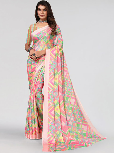 Satrani Multicolored Geometric Pattern Saree With Unstitched Blouse Price in India
