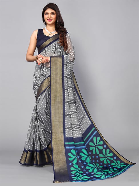 Satrani Grey Printed Saree With Unstitched Blouse Price in India