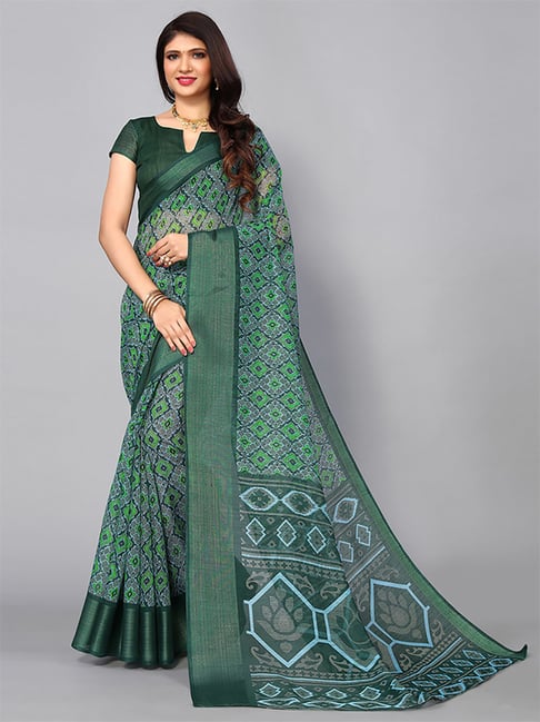 Satrani Green Printed Saree With Unstitched Blouse Price in India