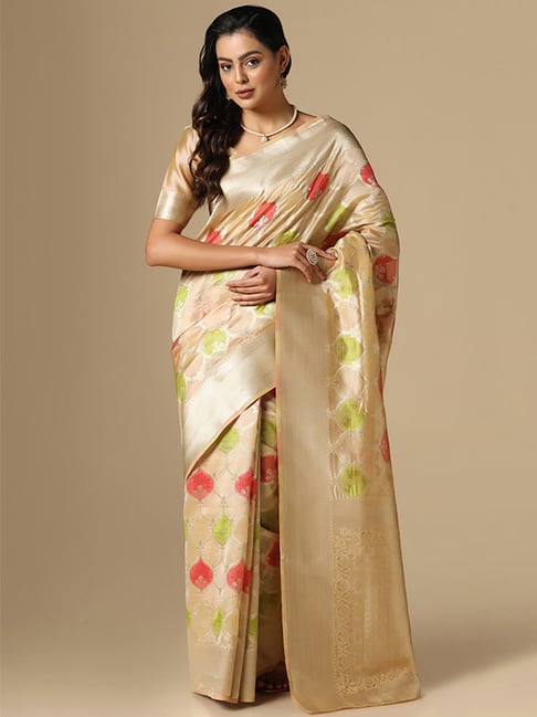 Satrani Beige Woven Saree With Unstitched Blouse Price in India