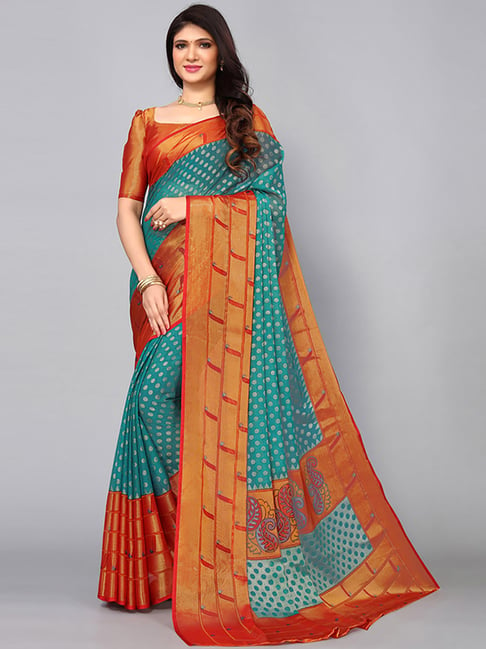 Satrani Green Woven Saree With Unstitched Blouse Price in India