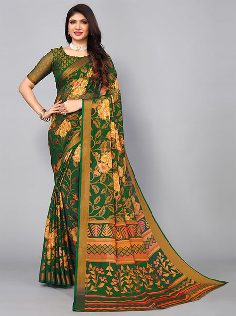 Satrani Green Woven Saree With Unstitched Blouse Price in India