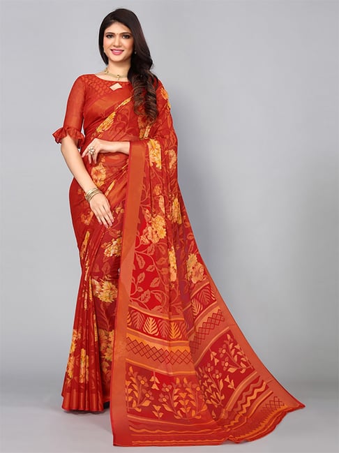 Satrani Red Woven Saree With Unstitched Blouse Price in India