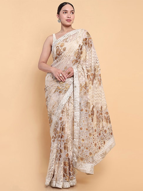 Soch Beige Floral Print Saree With Unstitched Blouse Price in India