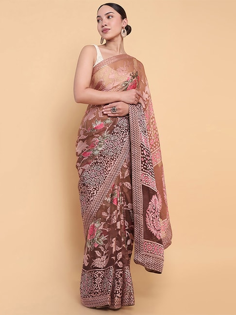 Soch Brown Floral Print Saree With Unstitched Blouse Price in India