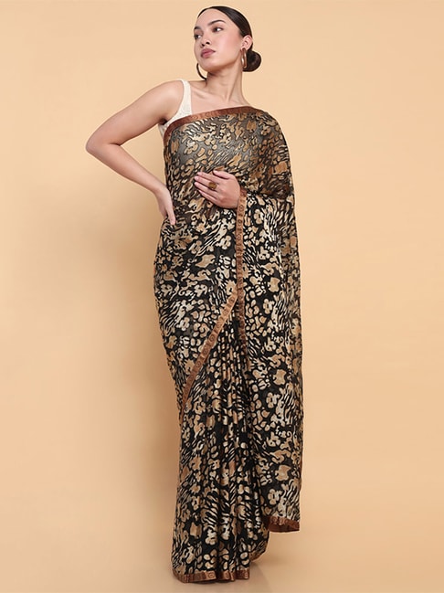 Soch Black Printed Saree With Unstitched Blouse Price in India