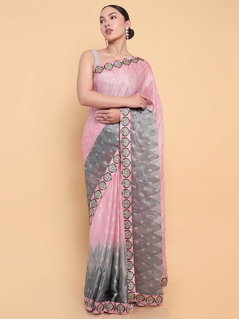 Soch Pink Floral Print Saree With Unstitched Blouse Price in India