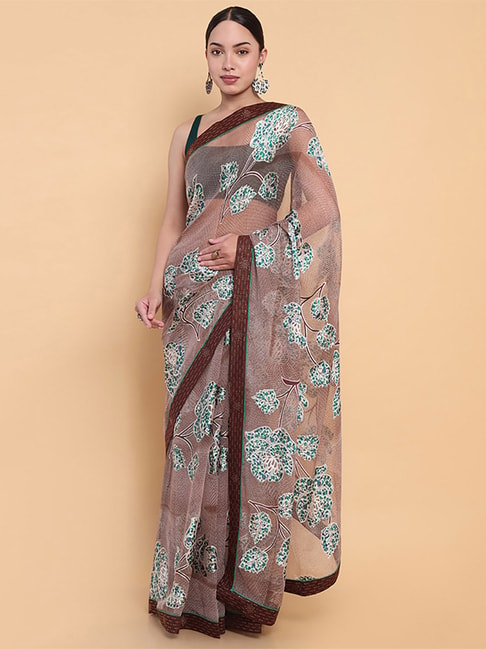 Soch Brown Floral Print Saree With Unstitched Blouse Price in India