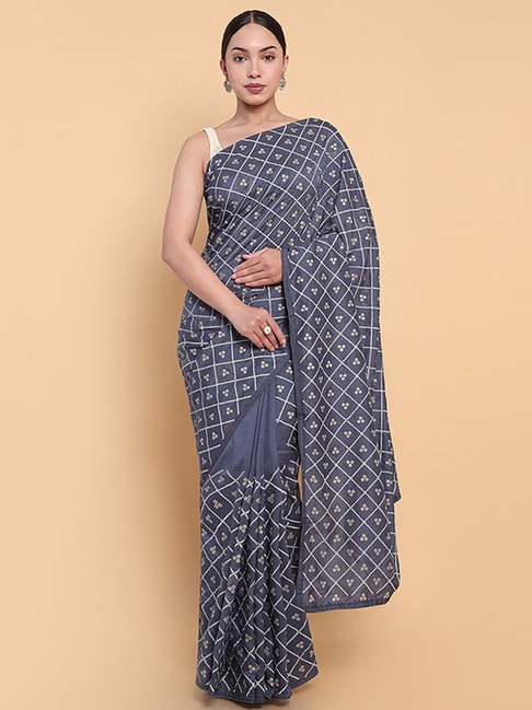 Soch Blue Silk Chequered Saree With Unstitched Blouse Price in India