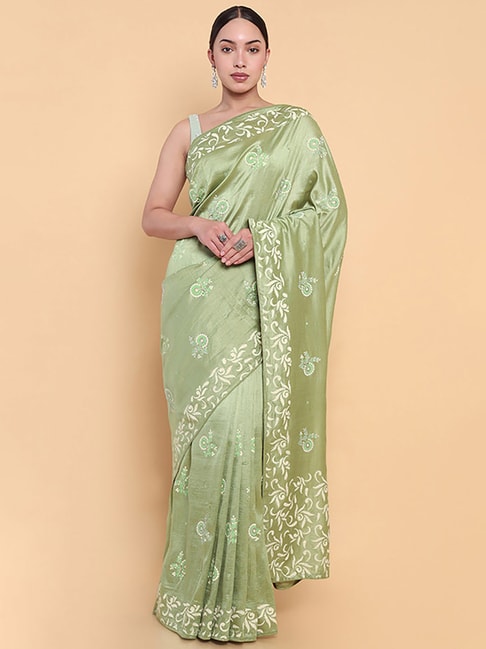 Soch Green Silk Floral Print Saree With Unstitched Blouse Price in India