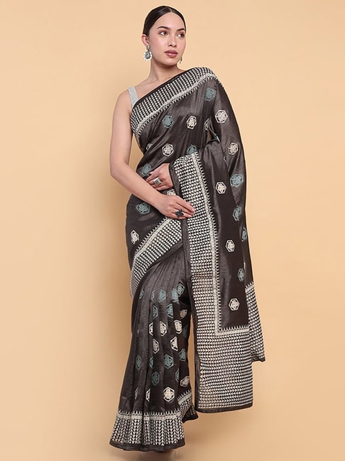 Soch Grey Silk Printed Saree With Unstitched Blouse Price in India