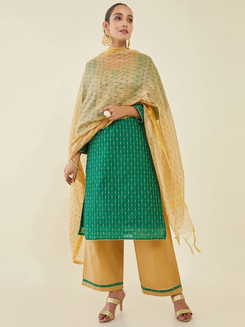 Soch Green & Beige Embroidered Unstitched Dress Material