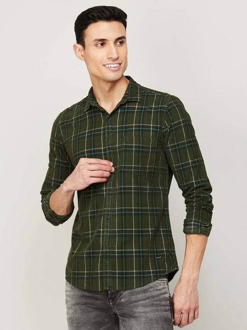 BOSSINI Olive Green Cotton Regular Fit Checks Shirt