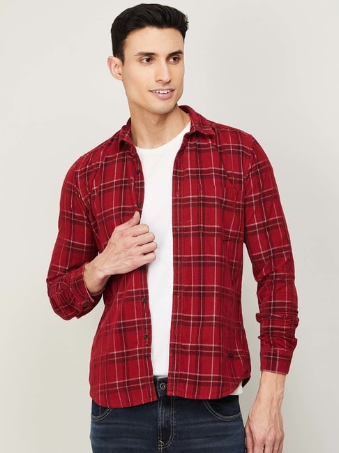 BOSSINI Red Cotton Regular Fit Checks Shirt