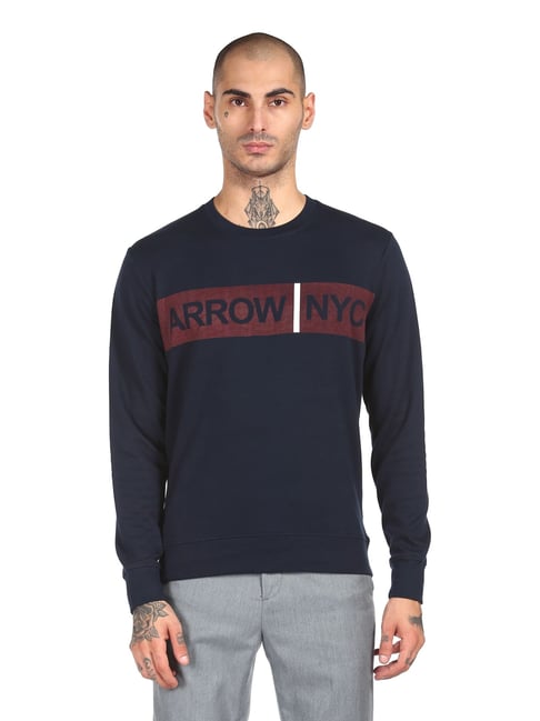 Arrow Sport Navy Blue Cotton Regular Fit Printed Sweatshirt