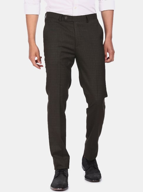 Arrow New York Brown Regular Fit Checks Trousers