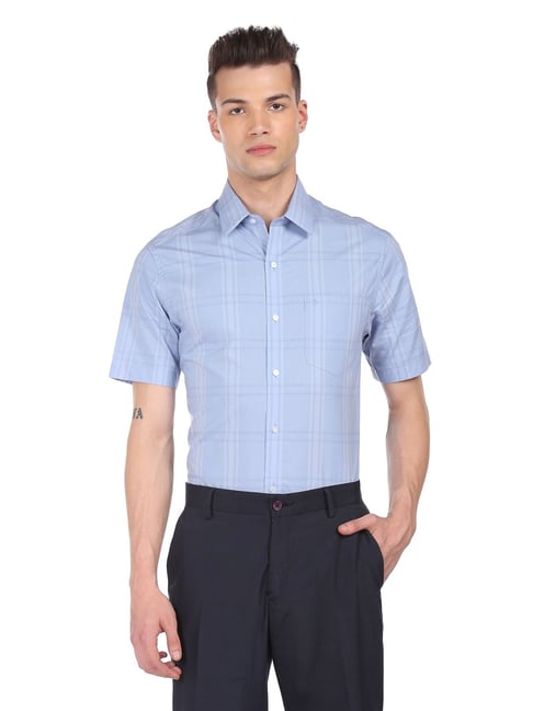 Arrow New York Light Blue Cotton Slim Fit Checks Shirt