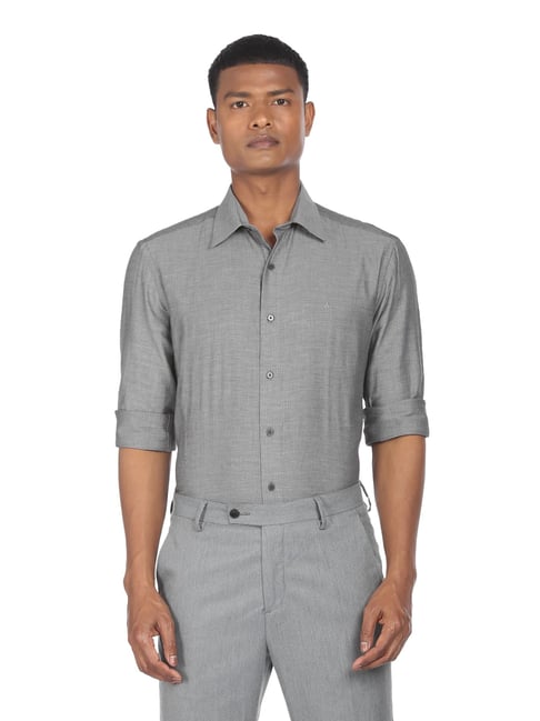 Arrow New York Grey Cotton Slim Fit Self Pattern Shirt