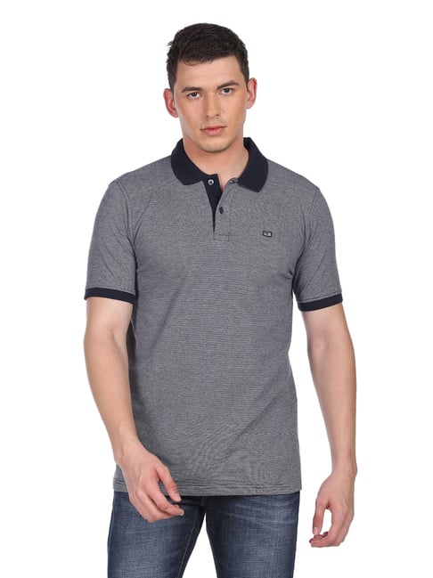 Arrow Sport Navy Blue Cotton Regular Fit Self Pattern Polo T-Shirt