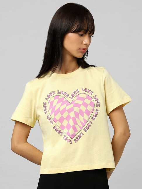 Only Yellow Cotton Printed T-Shirt