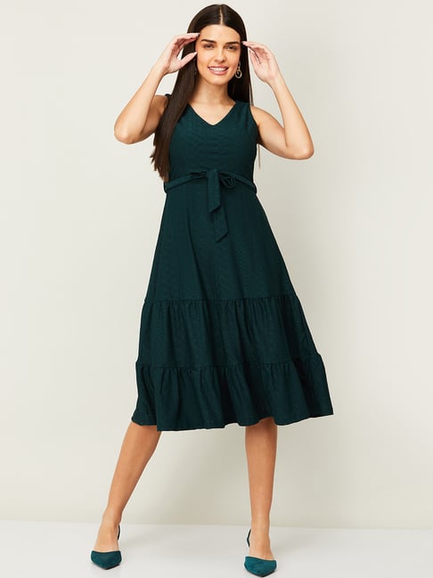 Code by Lifestyle Green Self Pattern A-Line Dress Price in India