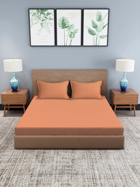 Trident Striped Orange 210 TC Cotton Bed Sheet with 2 Pillow Covers