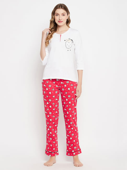 Buy Clovia White Red Printed Top Pyjama Set for Women s Online