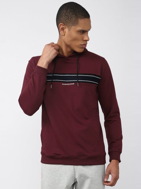 Van Heusen Flex Maroon Regular Fit Striped Hooded Sweatshirt-picture-36