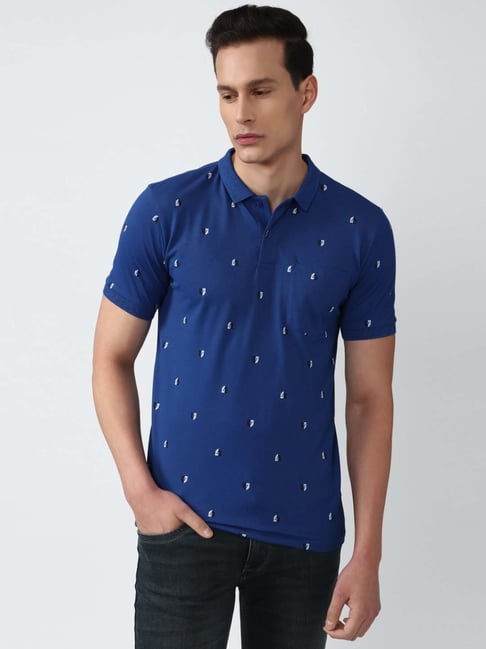 Van Heusen Sport Blue Cotton Regular Fit Printed Polo T-Shirt