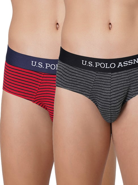 U S Polo Assn U.S. Polo Assn. Grey & Red Cotton Regular Fit Striped Briefs - Pack Of 2