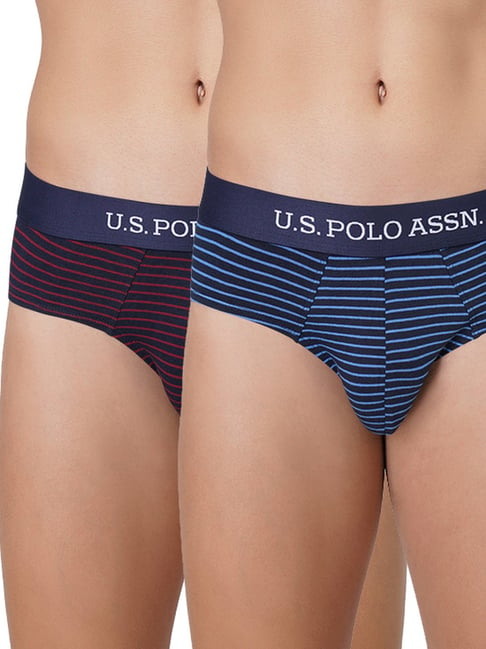 U S Polo Assn U.S. Polo Assn. Navy & Sky Blue Cotton Regular Fit Striped Briefs - Pack Of 2