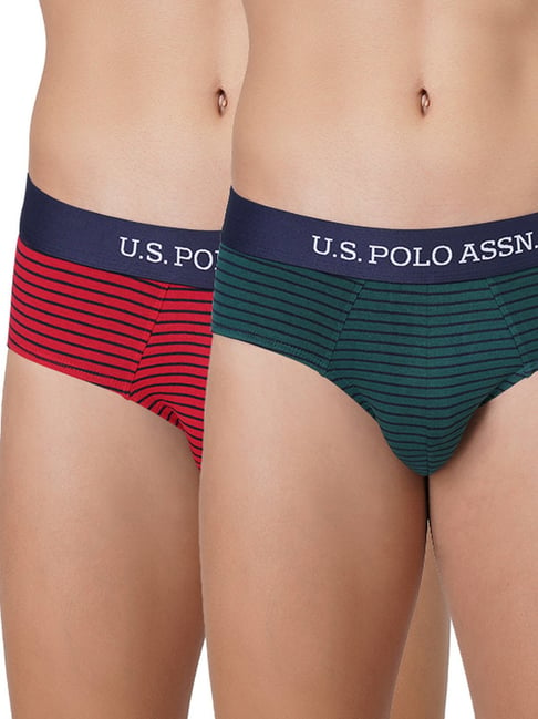 U S Polo Assn U.S. Polo Assn. Bistro Green & Red Cotton Regular Fit Striped Briefs - Pack Of 2