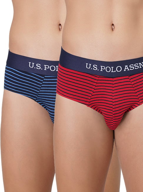 U S Polo Assn U.S. Polo Assn. Red & Navy Cotton Regular Fit Striped Briefs - Pack Of 2