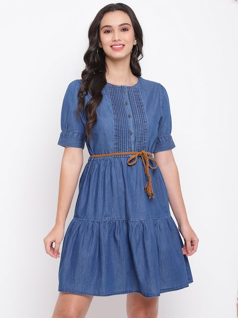 Latin Quarters Blue Self Pattern A-Line Dress Price in India