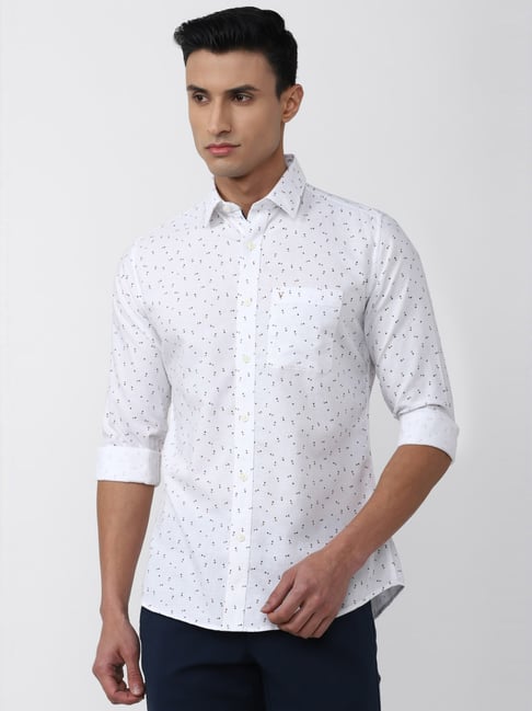 Van Heusen Sport White Cotton Slim Fit Printed Shirt