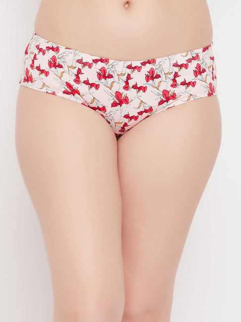 Clovia Pink Cotton Floral Print Inner Elastic Hipster Panty