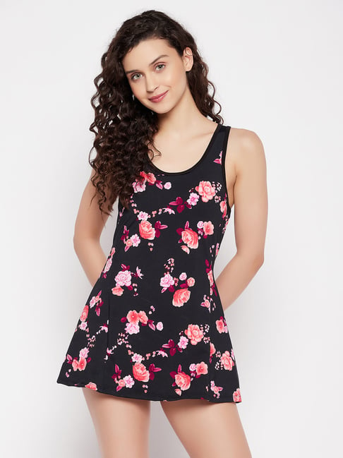 Clovia Black Floral Print Swim Dress With Attached Shorts