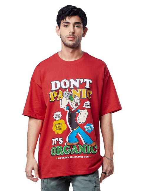 The Souled Store Red Popeye: Don't Panic Oversized T-Shirt