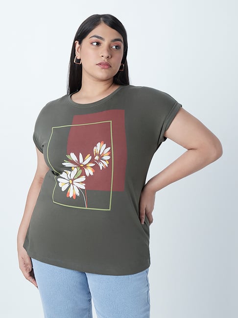 Gia Curves by Westside Olive Floral-Printed T-Shirt