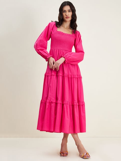 Femella Pink Cotton Regular Fit Midi Dress Price in India