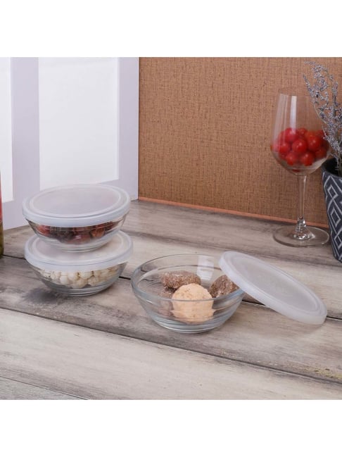 Duralex Transparent & White Glass Round Fresh Lunch Box With Lid (0.97 L) - Set of 3