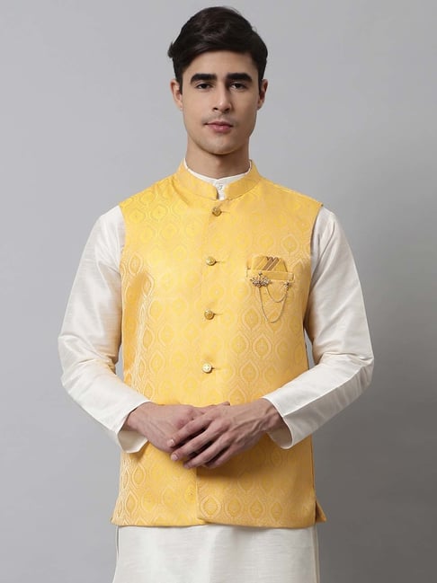 Yellow Cotton Mens Nehru Jacket Kurta Pajama 1082MW01