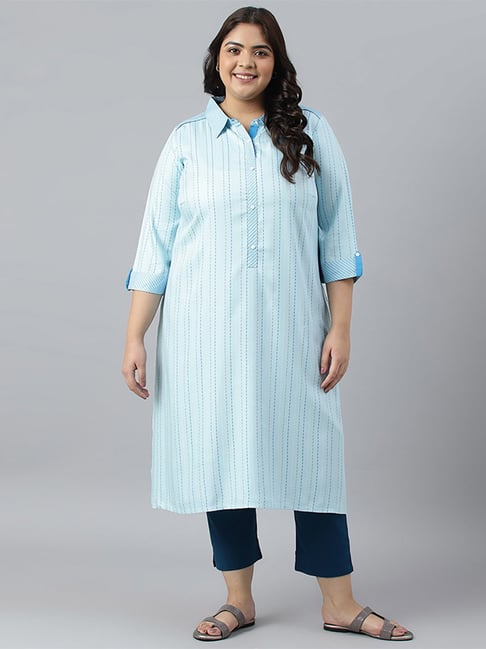 Aurelia Blue Woven Pattern Straight Kurta